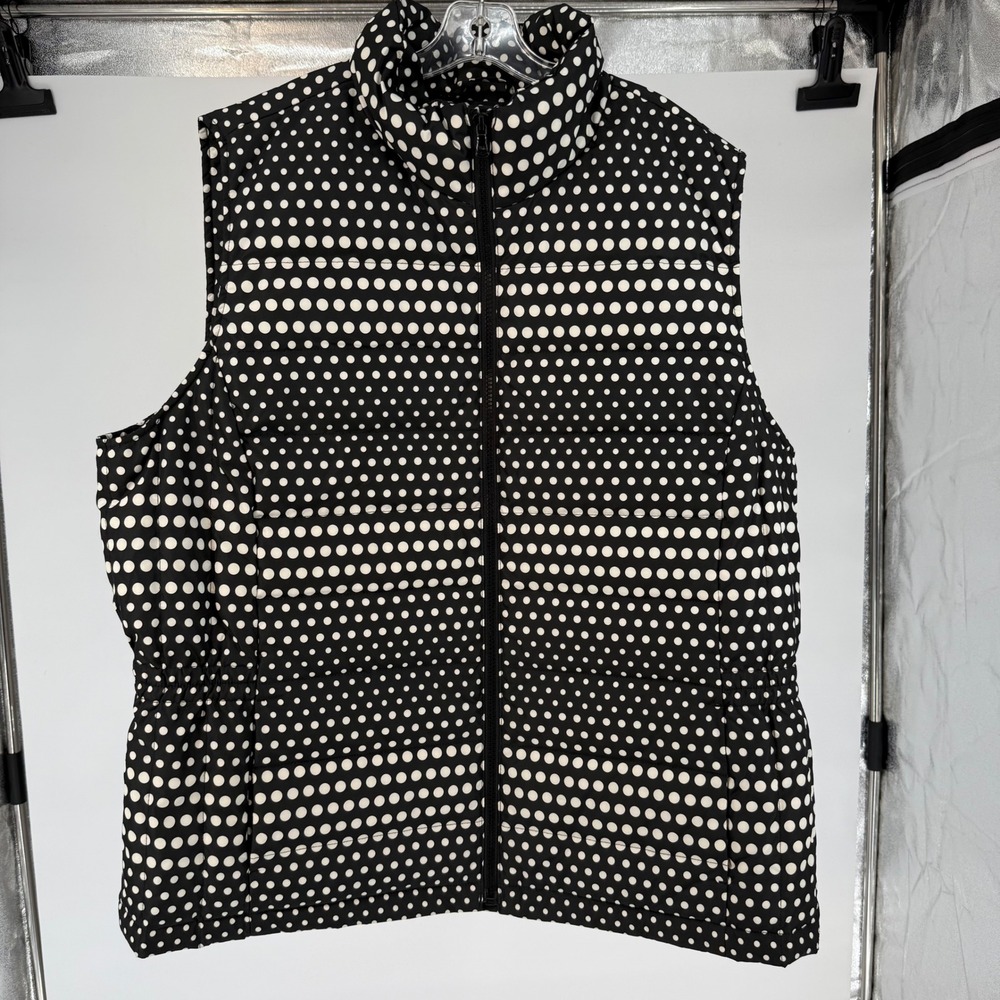 Talbots Women's‎ Puffer Vest XL Black White Polka Dot Quilted Zip Up feather dwn